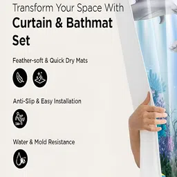 Kuber Industries White & Blue 3 Pieces Marine Life Printed Shower Curtain & Bathmat Set-picture-43