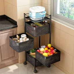 4-Layer Revolving Vegetable Kitchen Rack | Square Multipurpose Storage Trolley Carbon Steel Kitchen Trolley-9