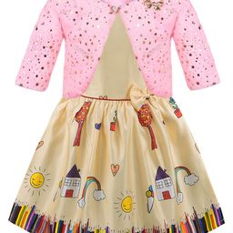Wish Karo Girls Graphic Printed Round Neck Gathered Silk A-Line Dress With Jacket-image-28
