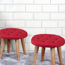 Shadowkart 2 Pcs Maroon & Beige Velvet Round Ottomans-1
