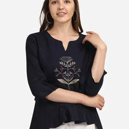 Prettify Women Navy Blue Floral Keyhole Neck Peplum Top-image-0