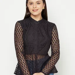 Owncraft Black Mandarin Collar Lace Peplum Top-image-61