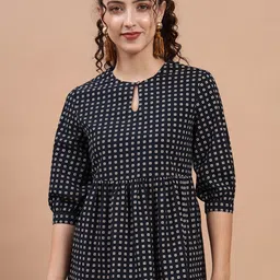 Beatnik Navy Blue & White Floral Print Keyhole Neck Peplum Top-picture-37