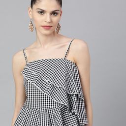 STREET 9 Women Black Checked Peplum Pure Cotton Top-image-73