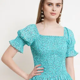 Popwings Floral Printed Square Neck Puff Sleeves Smocking Georgette Peplum Top-image-90