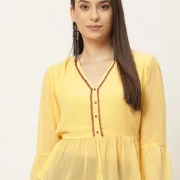 Slenor V Neck Bell Sleeve Georgette Peplum Top-picture-35