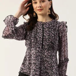 Antheaa Women Black & Lavender Floral Print Bishop Sleeves Peplum Top-picture-28