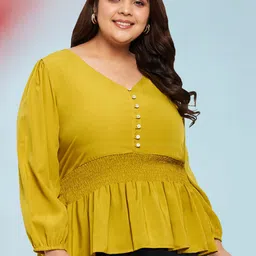 wild U Mustard Plus Size Puff Sleeve Smocked Crepe Peplum Top-54