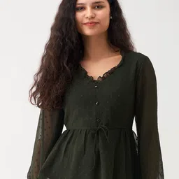 AASK Self Design Puff Sleeves V-Neck Cinched Waist Top-image-54