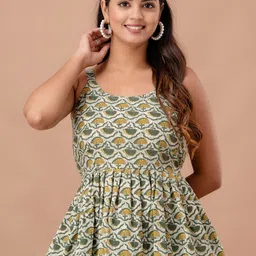 FERANOID Ethnic Motifs Printed Shoulder Straps Gathered or Pleated Pure Cotton Peplum Top-picture-18