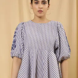 W Vertical Striped Puff Sleeves Cotton Peplum Top-image-64