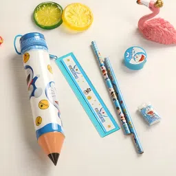 happykids Set of 1 Pencil shaped box, 2 pencils, 1Sharpener, Eraser & Ruler Random Designs Pencil image 2