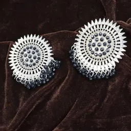 Krelin Silver-Toned & Black Oval Oxidised Earrings-picture-15