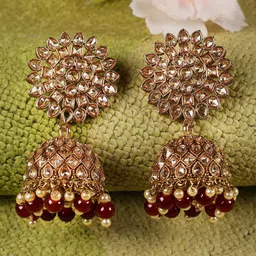 Jazz and Sizzle Gold-Toned & Maroon Circular Jhumkas Earrings-3
