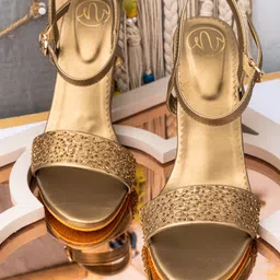 NR By Nidhi Rathi Gold-Toned Leather Ethnic High-Top Block Pumps-29