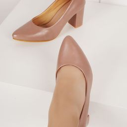 DressBerry Nude-Coloured Pointed Toe Block Pumps-53