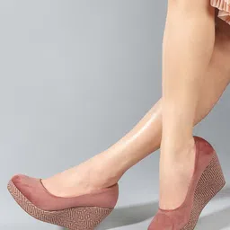 Mast & Harbour Peach Coloured Round Toe Wedge Heeled Pumps-50