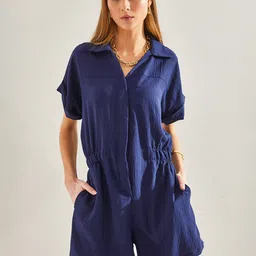 BIANCO LUCCI Textured Shirt Collar Playsuit-90