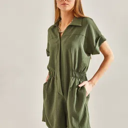 BIANCO LUCCI Textured Shirt Collar Playsuit-44