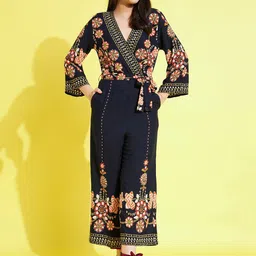 StyleStone Girls Navy Blue & White Printed V-Neck Waist Tie-Ups Basic Jumpsuit-image-12