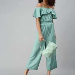 SHOWOFF Green Off-Shoulder Basic Cotton Jumpsuit-34