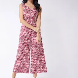 Zima Leto Geometric Printed V-Neck Cotton Basic Jumpsuit-12