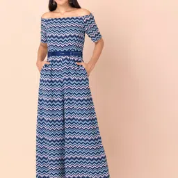INDYA Women Blue & White Off-Shoulder Chevron Printed Belted Basic Jumpsuit-picture-46
