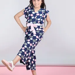 StyleStone Girls Navy Blue Printed V-Neck Waist Tie Ups Cotton Basic Jumpsuit-57