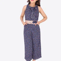 CUTECUMBER Girls Blue & Brown Floral Printed Culotte Jumpsuit-image-92