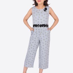 CUTECUMBER Girls Grey & White Floral Printed Culotte Jumpsuit-image-94