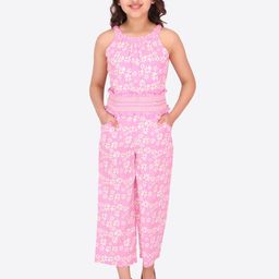 CUTECUMBER Girls Pink & White Printed Culotte Jumpsuit-image-93