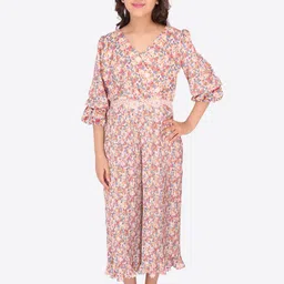 CUTECUMBER Girls Pink & Grey Floral  Printed Culotte Jumpsuit-10