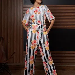 Athena Black & Yellow Floral Printed Basic Jumpsuit With Waist Tie-Ups-15