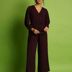 Globus V-Neck Bishop Sleeves Gathered  Detail Wrap Basic Jumpsuit-46