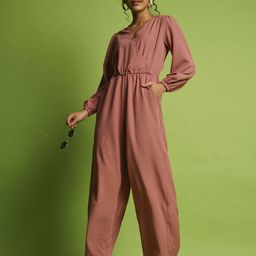 Globus V-Neck Bishop Sleeves Gathered  Detail Wrap Basic Jumpsuit-picture-50