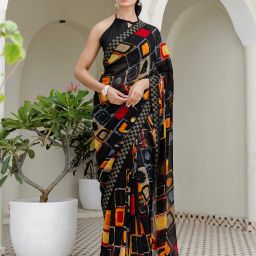 Geometric Print, Printed, Embellished Daily Wear Georgette, Lace Saree-6