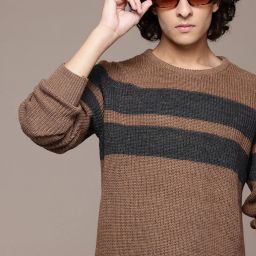 Men Striped Round Neck Brown Sweater-image-98