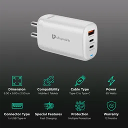 UltraProlink Boost GaN 65W Type A & Type C 3-Port Fast Charger (Type C to Type C Cable, Multi-Layer Protection, White) image 2