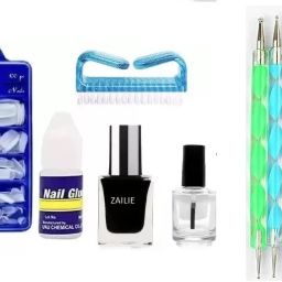 Fake Nails With Transparent & Black Polish ,Cleaning brush, Dotting Tools set 5-image-66
