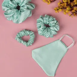 Arendelle Women Sea Green Set of 3 Satin Scrunchies With Matching Mask-69