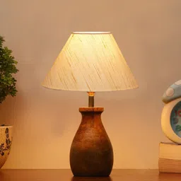 Devansh Off White & Brown Table Lamp With Wood Natural Base image 2