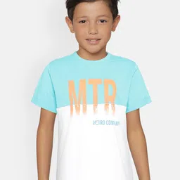 METRO KIDS COMPANY Boys Turquoise Blue & White Organic Cotton Colourblocked Round Neck T-shirt-picture-17