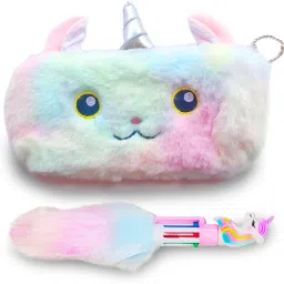Cool and Trendy Unicorn Art Fur Pouch & Multicolor Fur Pen Unicorn Art Canvas Pencil Box-12