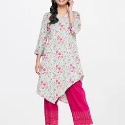 Global Desi Blue & Orange Viscose Rayon Shirt Collar Printed Tunic-image-76
