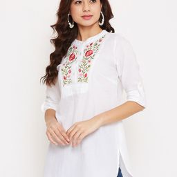 Ruhaans Women White & Red Mandarin Collar Embroidered Sheer Tunic-image-40