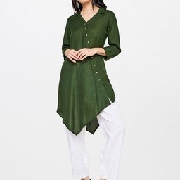 Global Desi Olive Green Viscose Rayon Shirt Collar Tunic-image-79