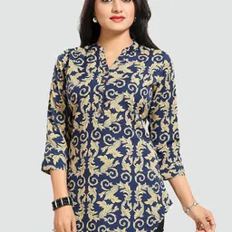 Saree Swarg Blue & Cream-Coloured Mandarin Collar Printed Tunic-image-5