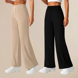 metronaut Comfort Fit Women Cream, Black Cotton Blend Trousers-picture-0