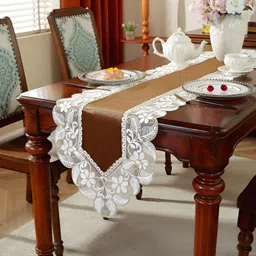 TANLOOMS White & Brown Floral Designed Velvet Table Runner-36