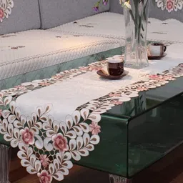 MONKDECOR Beige & Pink Laser Cut Embroidered Table Runner-26